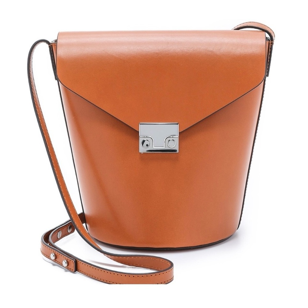 Loeffler Randall Flap Bucket Bag Cognac Leather Crossbody Bag Pushlock Purse